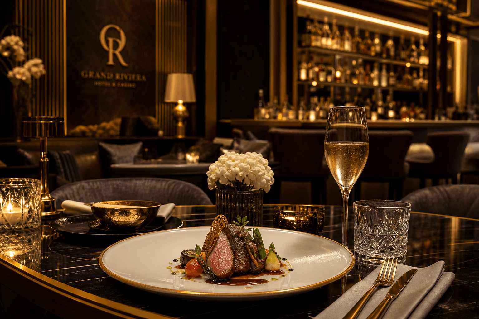Elegant candlelit fine dining table with gourmet plating at Aurelia restaurant