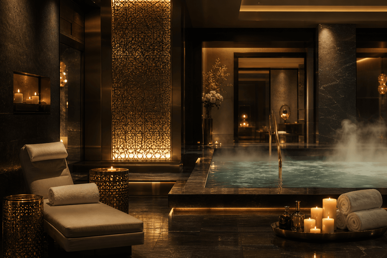 Tranquil hotel spa with a candlelit relaxation pool and soft warm lighting