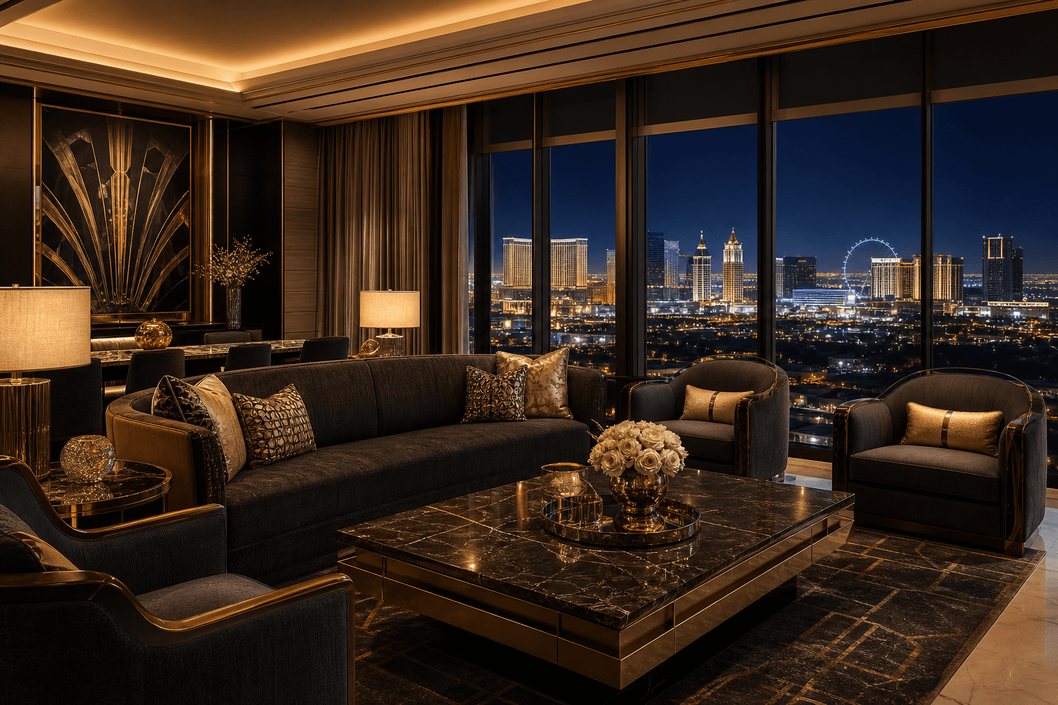 Spacious Royale Executive Suite with a marble lounge area and panoramic night skyline windows
