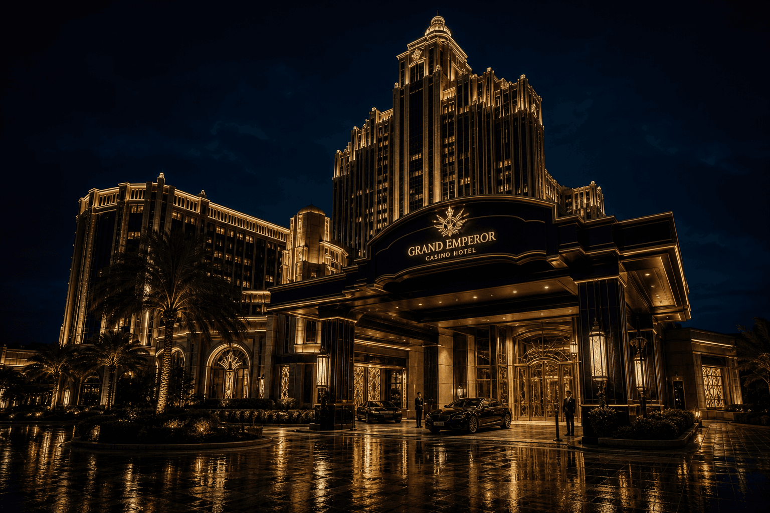Grand Royale Casino Hotel illuminated at night with a grand art-deco facade and golden lights