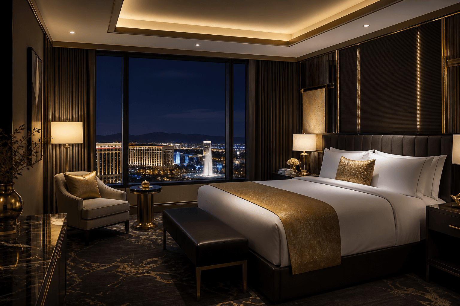 Deluxe king room with plush bedding, warm lighting and a city night view at Grand Royale Casino Hotel